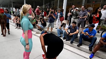 Hot lady strips naked in public for body painting part 2